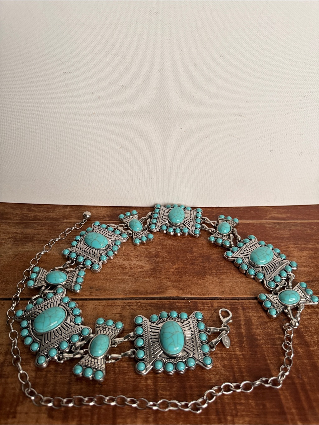 Turquoise Stone Statement Chain Belt- Silver-Tone Accents